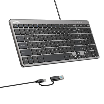 UNITEK Ultra Light Wired Keyboard | 99 Silent Keys | Low Profile Ergonomic Design | Plug and Play USB-C Keyboard with USB-A Adapter for Home | Office and Business Use