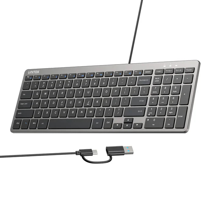 UNITEK Ultra Light Wired Keyboard | 99 Silent Keys | Low Profile Ergonomic Design | Plug and Play USB-C Keyboard with USB-A Adapter for Home | Office and Business Use