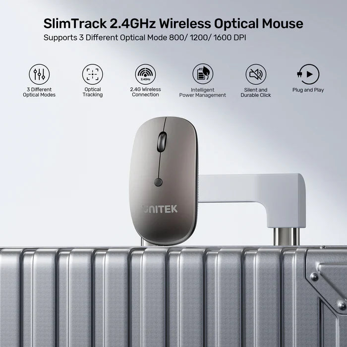 UNITEK SlimTrack Wireless Optical Mouse | 2.4GHz Cordless Mouse with 1600 DPI | Silent Click | Ergonomic Design | USB Plug & Play for Laptop and PC