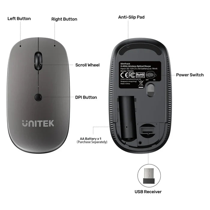 UNITEK SlimTrack Wireless Optical Mouse | 2.4GHz Cordless Mouse with 1600 DPI | Silent Click | Ergonomic Design | USB Plug & Play for Laptop and PC