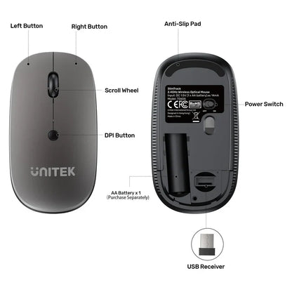 UNITEK SlimTrack Wireless Optical Mouse | 2.4GHz Cordless Mouse with 1600 DPI | Silent Click | Ergonomic Design | USB Plug & Play for Laptop and PC