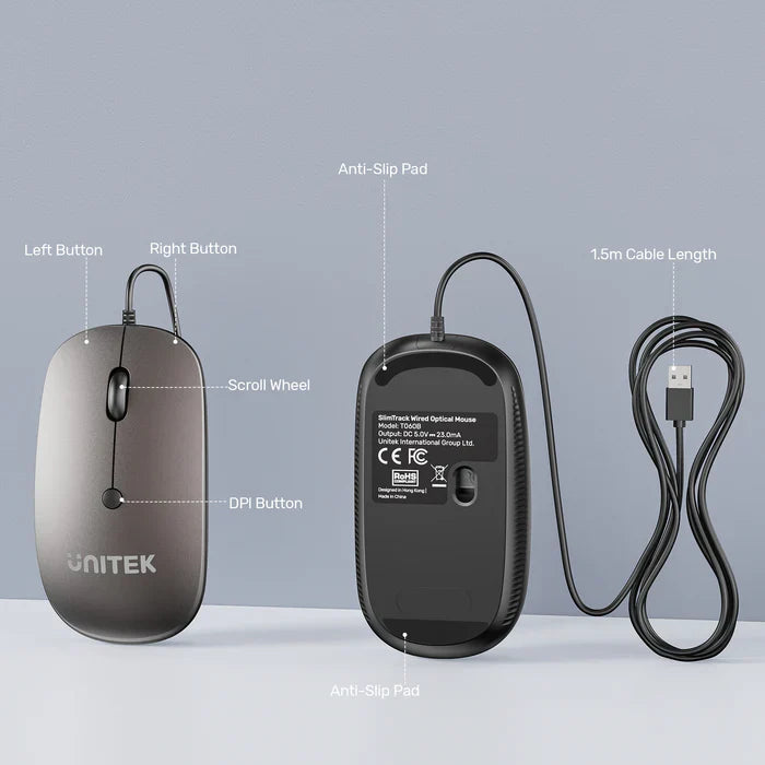 UNITEK SlimTrack Wired Optical Mouse | 1600 DPI | Silent Click | USB-A Plug & Play | Ergonomic Ambidextrous Design | Space Gray