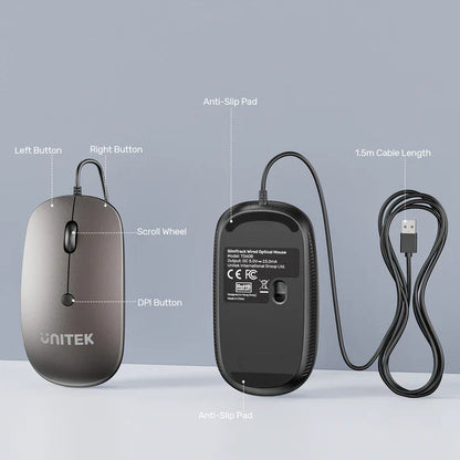 UNITEK SlimTrack Wired Optical Mouse | 1600 DPI | Silent Click | USB-A Plug & Play | Ergonomic Ambidextrous Design | Space Gray