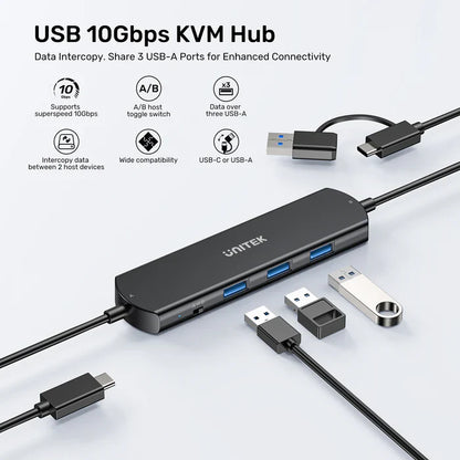 UNITEK 10Gbps USB KVM Switch Hub | Dual PC USB Sharing Device with 3 USB-A Ports | One-Button Switching | High-Speed Data Transfer | Plug & Play
