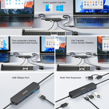 UNITEK 10Gbps USB KVM Switch Hub | Dual PC USB Sharing Device with 3 USB-A Ports | One-Button Switching | High-Speed Data Transfer | Plug & Play