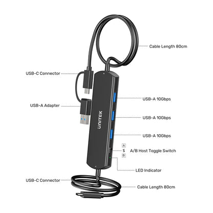 UNITEK 10Gbps USB KVM Switch Hub | Dual PC USB Sharing Device with 3 USB-A Ports | One-Button Switching | High-Speed Data Transfer | Plug & Play