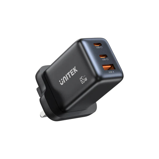 UNITEK Zeno 65W 3-Port GaN Fast Charger with UK 3-Pin Plug | Multiport USB C Wall Adapter Supporting PPS PD 3.0 for Laptops | Smartphones | and Tablets