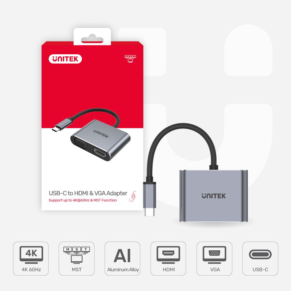 UNITEK 4K 60Hz USB-C to HDMI 2.0 and VGA Adapter with MST Dual Monitor