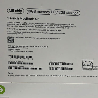 Apple Macbook Air MDH74LL/A | A3449 | M5 Chip (10 Core) | GPU (8 Core) | RAM 16GB | SSD 512GB | 13.0 (2560 x 1664) | Silver