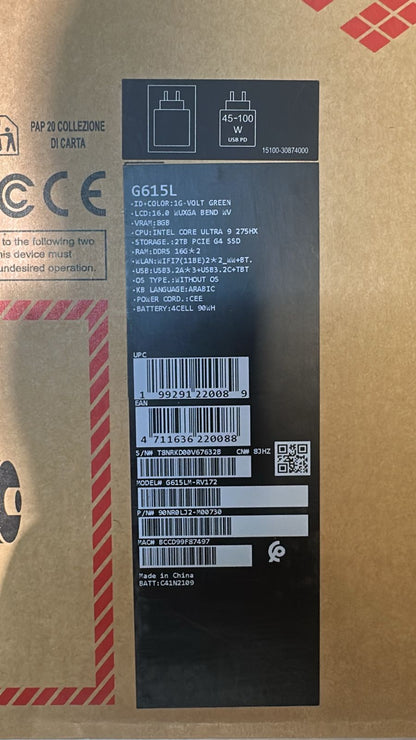 ASUS ROG Strix G16 G615LM-RV172 | Intel Ultra 9-275HX | RAM 32GB | SSD 2TB | NVIDIA RTX 5060 8GB | 16.0 Inch WUXGA FHD+ 165Hz | Volt Green