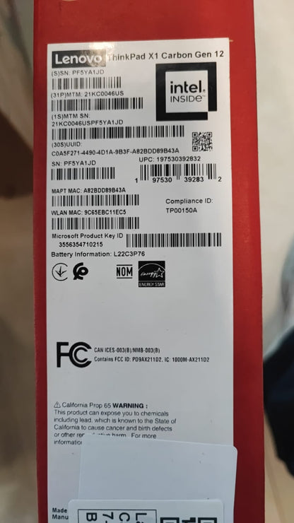 Lenovo ThinkPad X1 Carbon | (46US) | Intel Core Ultra 7-155U | RAM 32GB | SSD 512GB | Intel Graphics | 14" WUXGA IPS Touch | Black