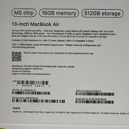 Apple Macbook Air MDHA4LL/A | A3449 | M5 Chip (10 Core) | GPU (8 Core) | RAM 16GB | SSD 512GB | 13.0 (2560 x 1664) | Starlight