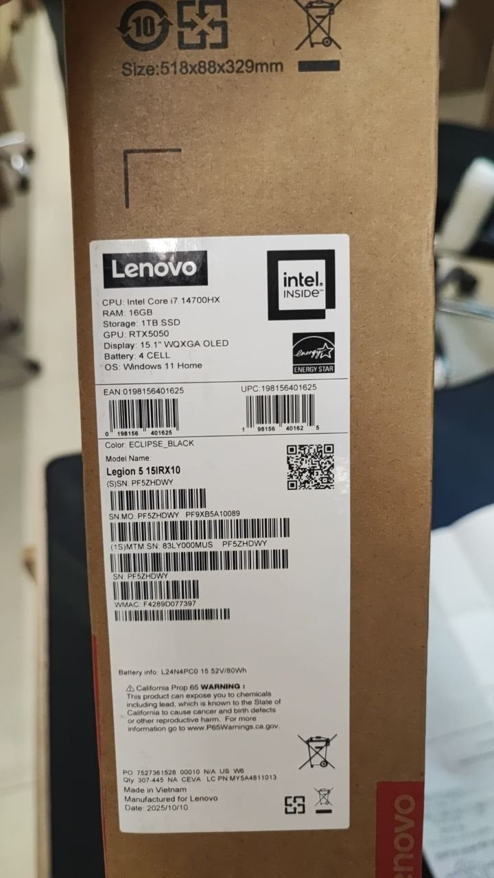 Lenovo Legion 5 15IRX10 | (0MUS) | Intel Core i7-14700HX | RAM 16GB | SSD 1TB | RTX 5050 8GB | 15.1 WQXGA OLED 165Hz | Eclipse Black