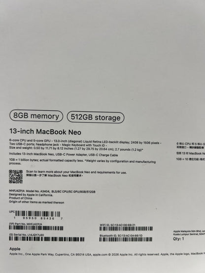 Apple MacBook Neo MHFJ4ZP/A | A3404 | Apple A18 Pro (6 Cores) | GPU (5 Cores) | RAM 8GB | SSD 512GB | 13.0 Inch (2408 x 1506) | Blush