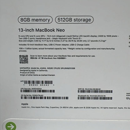 Apple MacBook Neo MHFG4ZP/A | A3404 | Apple A18 Pro (6 Cores) | GPU (5 Cores) | RAM 8GB | SSD 512GB | 13.0 Inch (2408 x 1506) | Indigo
