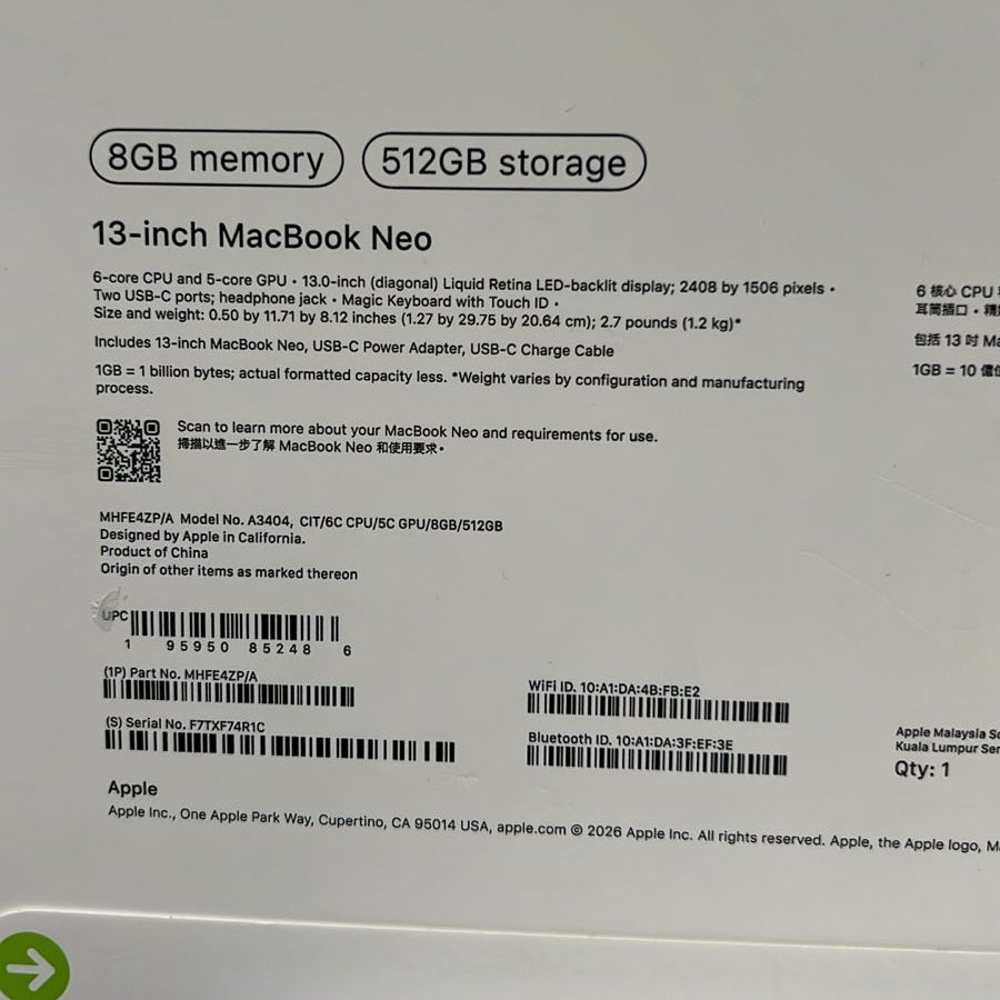 Apple MacBook Neo MHFE4ZP/A | A3404 | Apple A18 Pro (6 Cores) | GPU (5 Cores) | RAM 8GB | SSD 512GB | 13.0 Inch (2408 x 1506) IPS | Citrus