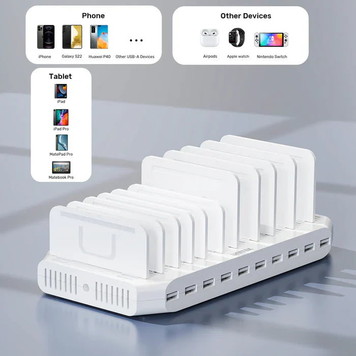 UNITEK 10-Port USB Charging Station | 60W Smart Charging Hub | 2.4A Fast Charge | Desktop Organizer for Multiple Devices