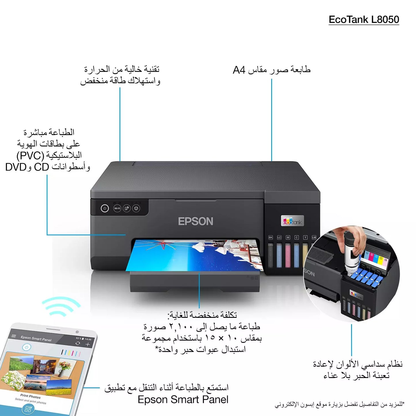 Epson EcoTank L8050 A4 Wi‑Fi Photo Printer | 6‑Color Dye Ink Tank | 5 | 760×1 | 440 dpi | CD/DVD Print | Front Ink Tanks