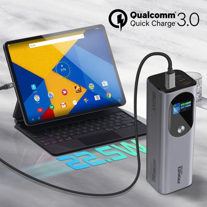 Promate 27600mAH Power Bank | Super-Slim 160W with Smart TFT LCD Display | Durable Metal Made | Over Charge Protection for USB-C and USB-A Devices.