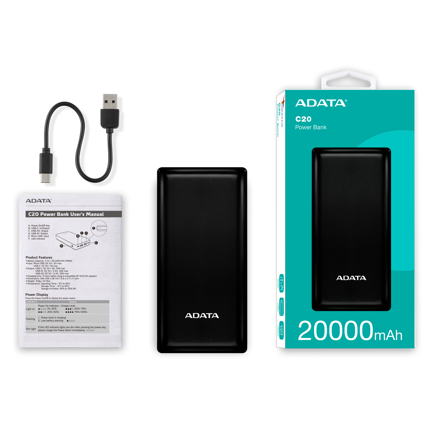 ADATA C20 Power Bank 20000 mAh Robust Power for 3-Device Charging