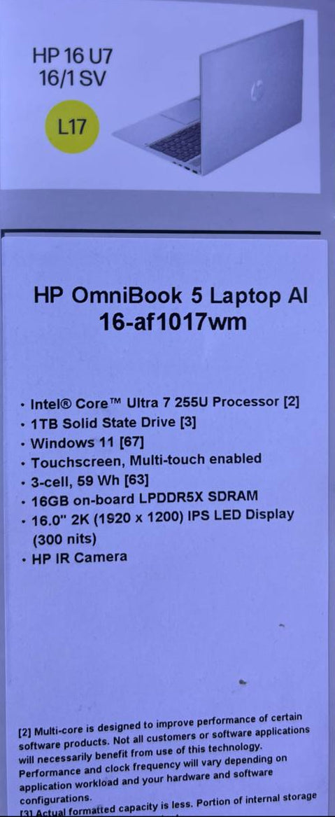 HP OmniBook 5 16-AF1017WM | Ultra 7-255U | RAM 16GB | SSD 1TB | Intel Graphics | 16 Inch WUXGA IPS Touch | Silver