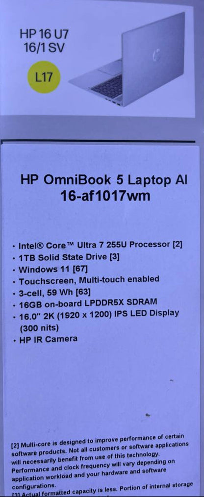 HP OmniBook 5 16-AF1017WM | Ultra 7-255U | RAM 16GB | SSD 1TB | Intel Graphics | 16 Inch WUXGA IPS Touch | Silver
