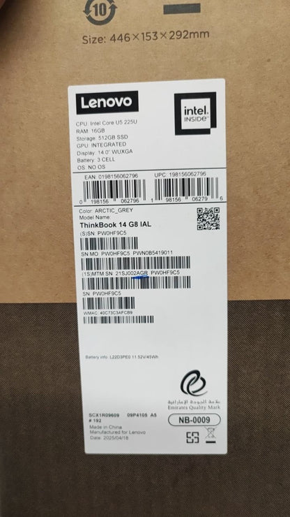 Lenovo ThinkBook 14 G8 IAL | (2AGR) | Intel Ultra 5-225U | RAM 16GB | SSD 512GB | Intel Graphics | 14.0 WUXGA IPS | Arctic Grey