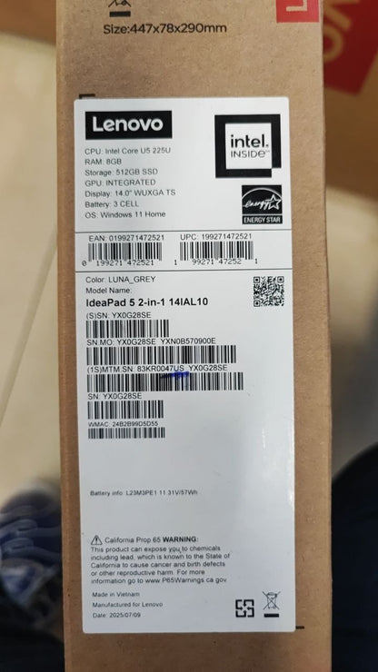 Lenovo IdeaPad 5 14IAL10 | (47US) Intel Core Ultra 5-225U | RAM 8GB | SSD 512GB | Intel Graphics | 14.0 WUXGA IPS Touch | Luna Gray