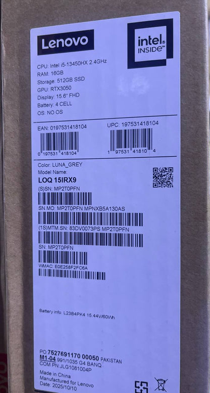 Lenovo LOQ 15IRX9 | (73PS) Intel Core i5-13450HX | RAM 16GB | SSD 512GB | RTX 3050 6GB | 15.6 Inch FHD IPS 144Hz | Luna Gray