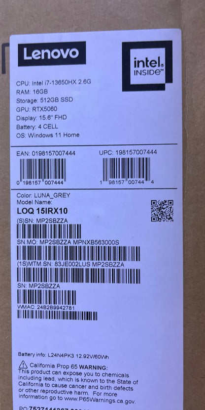 Lenovo LOQ 15IRX10 | (2LUS) Intel Core i7-13650HX | RAM 16GB | SSD 512GB | RTX 5060 8GB | 15.6 Inch FHD IPS 144Hz | Luna Gray