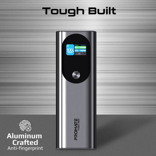 Promate 27600mAH Power Bank | Super-Slim 160W with Smart TFT LCD Display | Durable Metal Made | Over Charge Protection for USB-C and USB-A Devices.