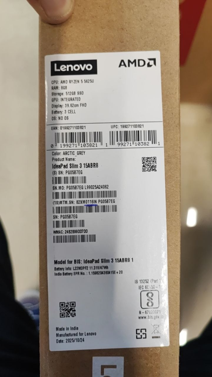 Lenovo IdeaPad Slim 3 15ABR8 | (16IN) AMD Ryzen 5-5625U | RAM 8GB | SSD 512GB | Radeon Graphics | 15.6 FHD | Arctic Grey