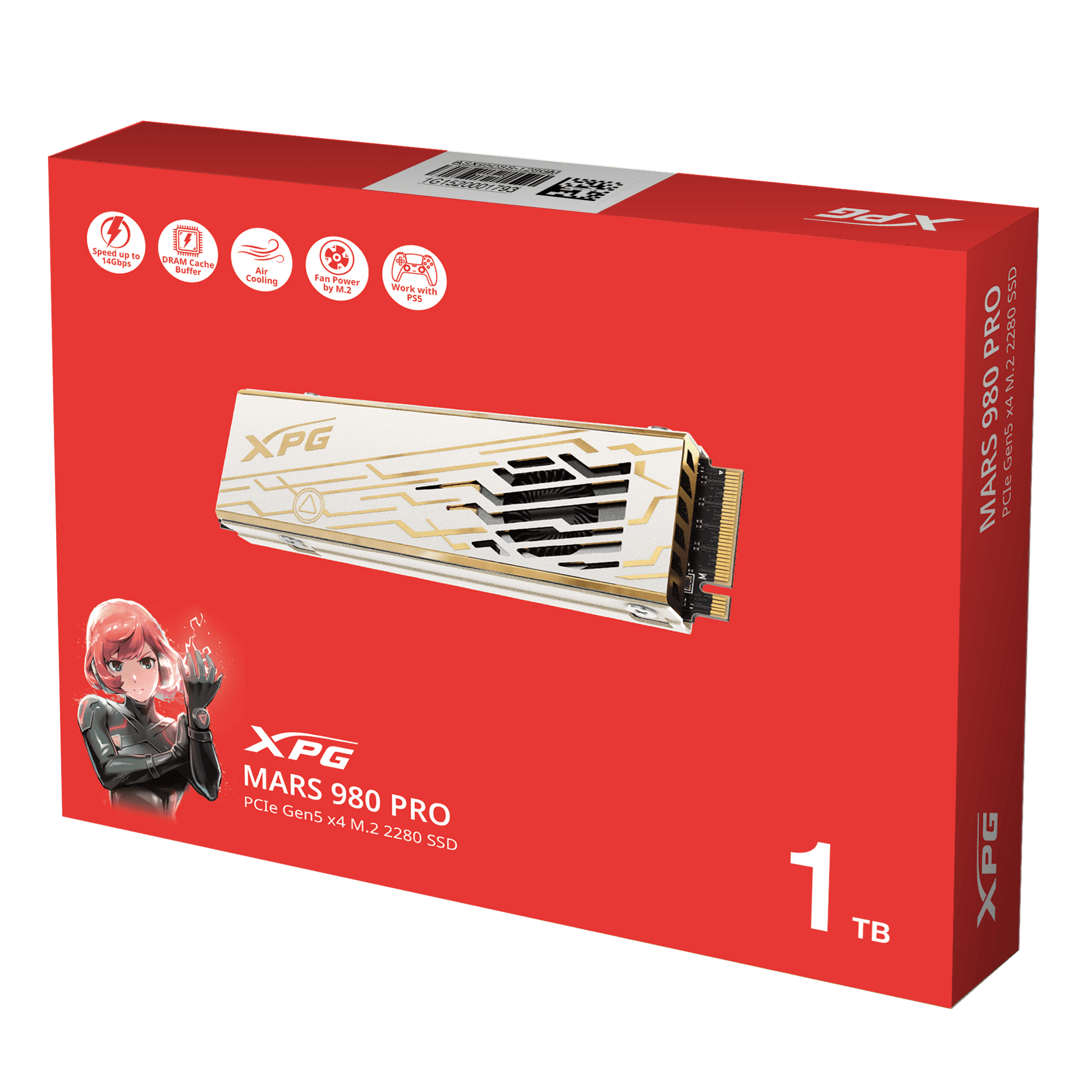 XPG MARS 980 PRO PCIe Gen5 x4 M.2 2280 SSD – Active Turbo-Fan Cooling, 14,000/13,000 MB/s, 1TB, PS5-Compatible