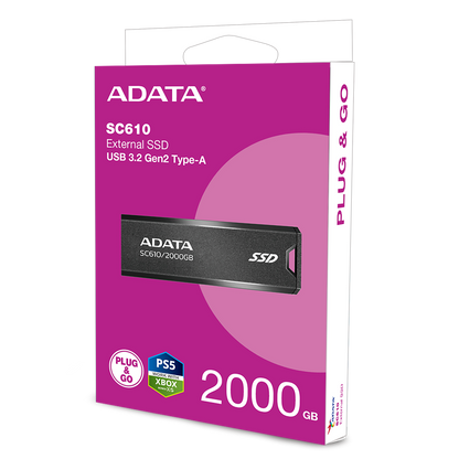 ADATA SC610 External SSD USB 3.2 Gen2 550MB/s Read 500MB/s Write Capless Slide-Out Cableless - 2TB