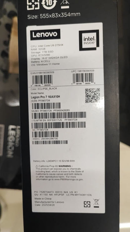 Lenovo Legion Pro 7 16IAX10H | (17US) Intel Core Ultra 9-275HX | RAM 32GB | 1TB | RTX 5090 24GB | 16.0 Inch 240Hz OLED | Black