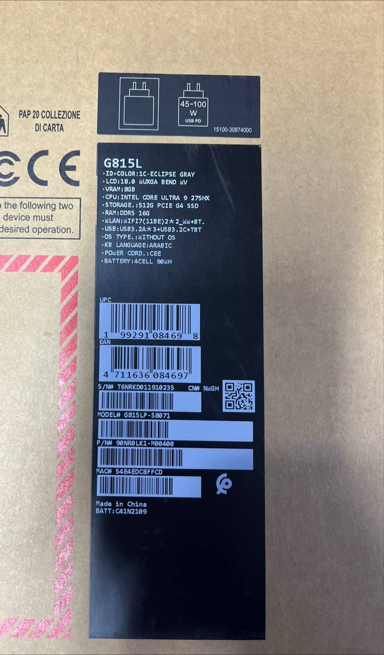 ASUS ROG Strix G18 G815LP-S8071 | Intel Core Ultra 9-275HX | RAM 16GB | SSD 512GB | NVIDIA Geforce RTX 5070 8GB | 18.0 inch WUXGA 144Hz | Eclipse Gray