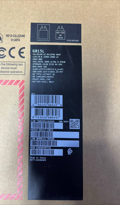 ASUS ROG Strix G18 G815LP-S8071 | Intel Core Ultra 9-275HX | RAM 16GB | SSD 512GB | NVIDIA Geforce RTX 5070 8GB | 18.0 inch WUXGA 144Hz | Eclipse Gray