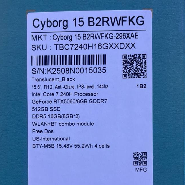 MSI Cyborg 15 B2RWFKG-296XAE | Intel Core 7-240H | RAM 16GB | SSD 512GB | RTX 5060 8GB | 15.6 FHD IPS 144Hz. Translucent Black