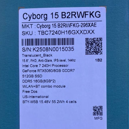 MSI Cyborg 15 B2RWFKG-296XAE | Intel Core 7-240H | RAM 16GB | SSD 512GB | RTX 5060 8GB | 15.6 FHD IPS 144Hz. Translucent Black