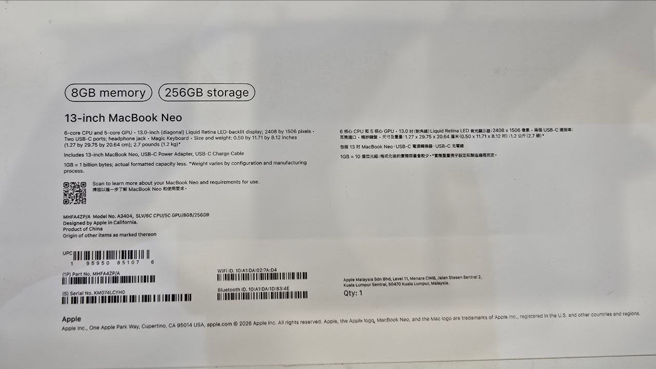 Apple MacBook Neo MHFA4ZP/A | A3404 | Apple A18 Pro (6 Cores) | GPU (5 Cores) | RAM 8GB | SSD 256GB | 13.0 Inch (2408 x 1506) IPS | Silver