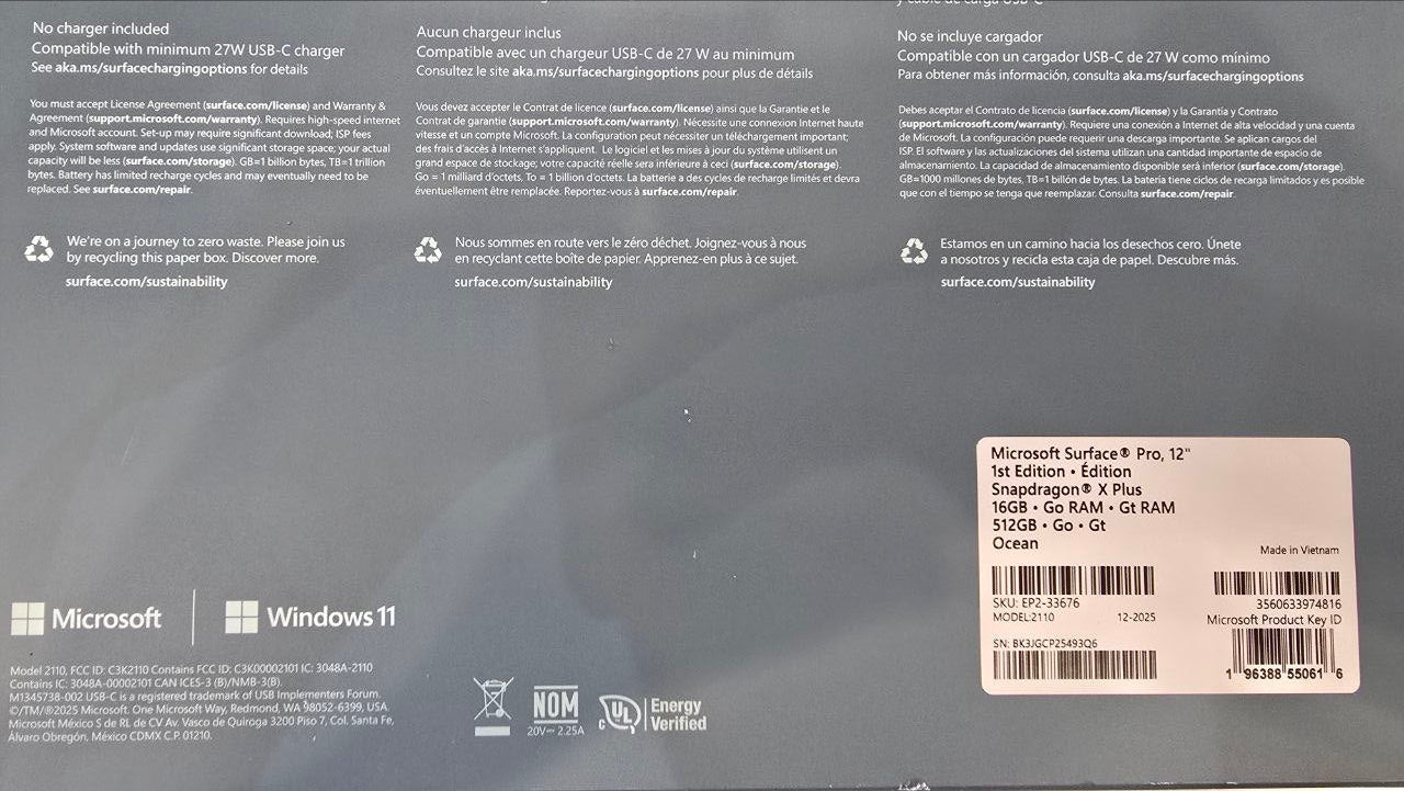 Microsoft Surface Pro 12 EP2-33676 | Snapdragon X Plus | RAM 16GB | SSD 512GB | Qualcomm Adreno | 12.0 Inch (2196 x 1464) | Ocean
