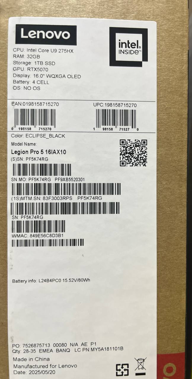 Lenovo Legion Pro 5 16IAX10 | (3RPS) | Intel Core Ultra 9-275HX | RAM 32GB | SSD 1TB | NVIDIA GeForce RTX 5070 8GB | 16.0 inch 2K WQXGA OLED 165Hz | Eclipse Black
