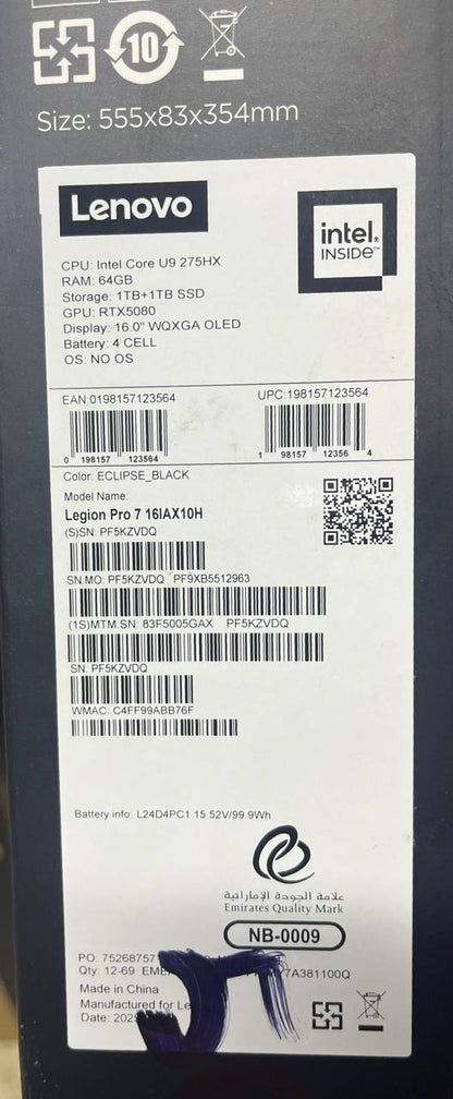 Lenovo Legion Pro 7 16IAX10H | (5GAX) | Intel Core Ultra 9-275HX | RAM 64GB | SSD 2TB | NVIDIA Geforce 5080 16GB | 16.0 Inch WQXGA OLED 240Hz | Eclipse Black