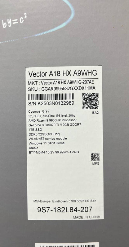 MSI Vector A18 HX A9WHG-207AE | AMD Ryzen 9-9955HX | RAM 32GB | SSD 1TB | NVIDIA RTX 5070 Ti 12GB | 18.0 Inch 2K QHD+ IPS 240Hz | Cosmos Gray