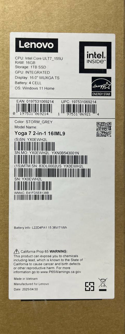Lenovo Yoga 7 2-in-1 16IML9 | (02US) | Intel Core Ultra 7-155U | RAM 16GB | SSD 1TB | Intel Graphics | 16 Inch " WUXGA IPS 60Hz X360 Touch | Storm Grey