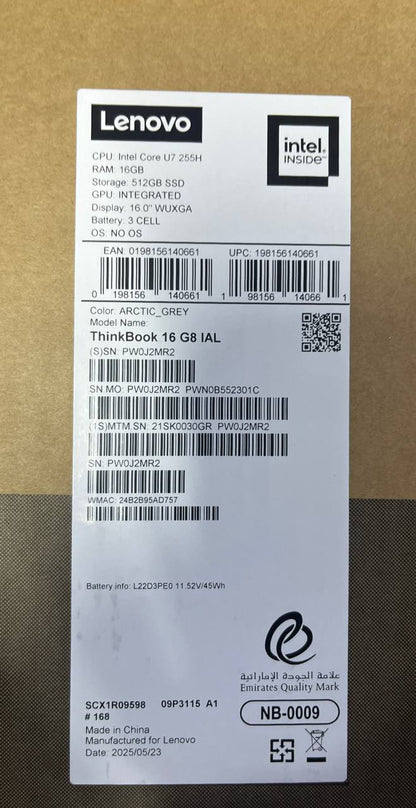 Lenovo ThinkBook 16 G8 IAL | (30GR | 2KGR) | Intel Core Ultra 7-255H | RAM 16GB | SSD 512GB | Intel Graphics | 16.0 IPS WUXGA 60Hz | Arctic Grey