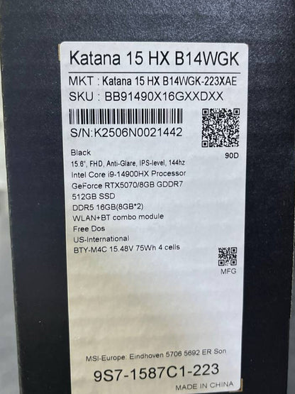 MSI Katana 15 HX B14WGK-223XAE | Intel Core i9-14900HX | RAM 16GB | SSD 512GB | NVIDIA RTX 5070 8GB | 15.6 Inch FHD IPS 144Hz | Black