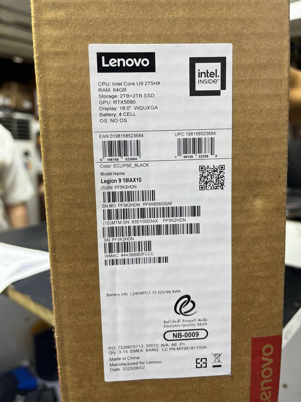 Lenovo Legion 9 18IAX10 | (03AX) | Intel Core Ultra 9-275HX | RAM 64GB | SSD 4TB | NVIDIA GeForce RTX 5090 24GB | 18.0 Inch WQUXGA (3840x2400) IPS 240Hz | Eclipse Black