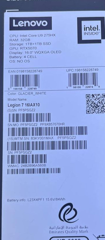 Lenovo Legion 7 16IAX10 | (1MAX) | Intel Core Ultra 9-275HX | RAM 32GB | SSD 2TB | NVIDIA RTX 5070 8GB | 16.0 Inch WQXGA OLED 240Hz | Glacier White