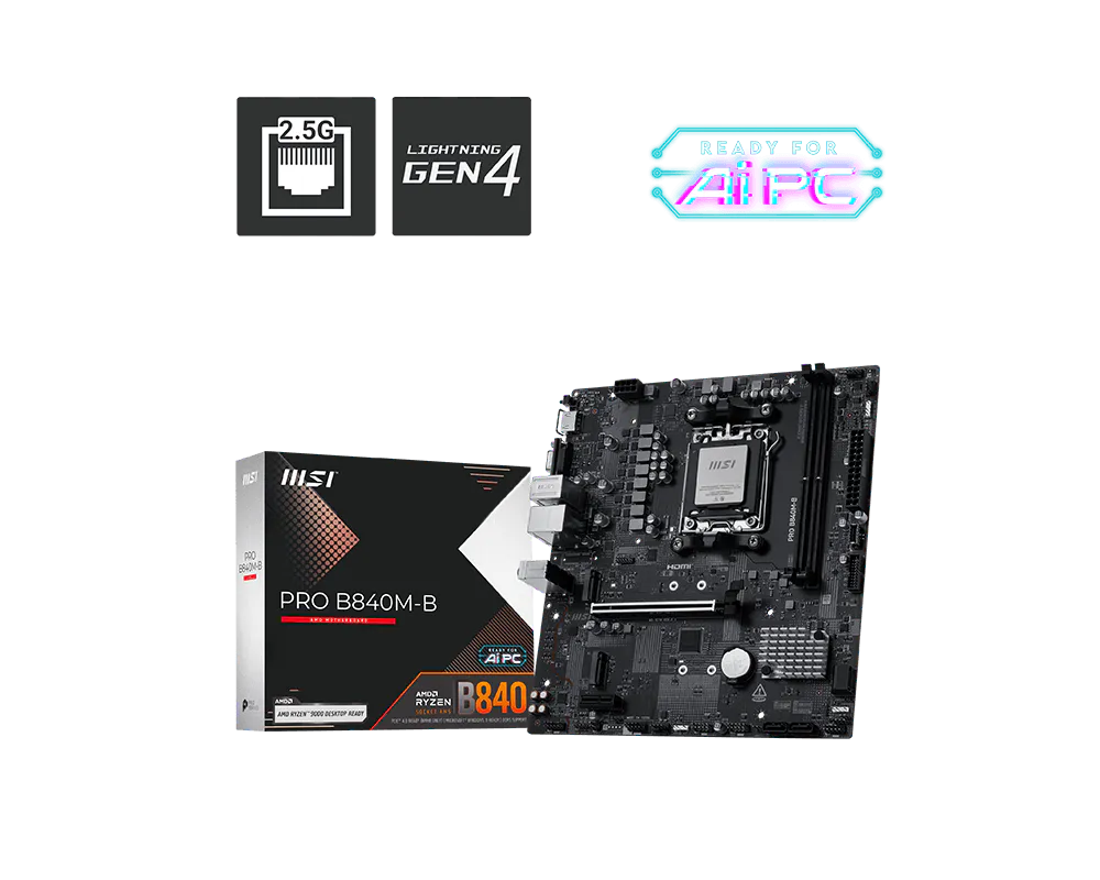 MSI PRO B840M-B mATX Motherboard | AMD B840 | AM5 | DDR5 | PCIe 4.0 | M.2 | HDMI | USB 3.2